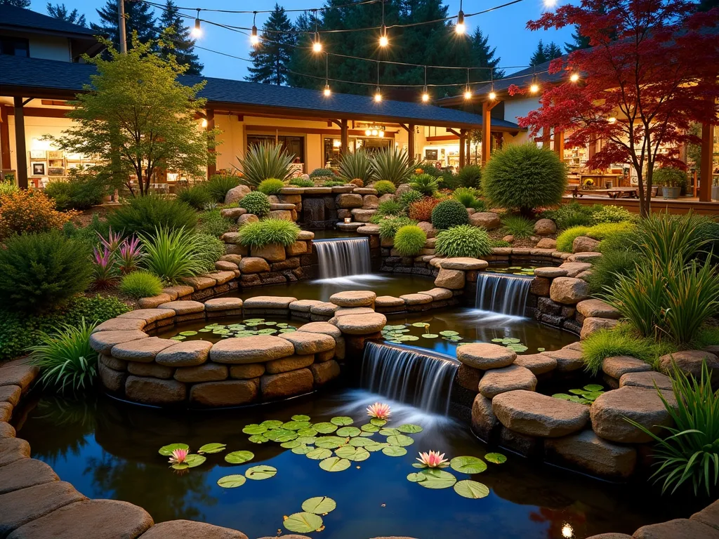 Elegant Multi-Tier Water Garden Display - A stunning garden center display featuring a cascading multi-tier water garden demonstration area at dusk. The central focal point shows three interconnected ponds of varying sizes, illuminated by warm underwater lighting. The largest pond features a dramatic stone waterfall with water lilies and lotus flowers, while smaller satellite container ponds showcase miniature water gardens with dwarf papyrus and floating plants. Professional merchandising includes clear informational displays about filtration systems and maintenance products. Japanese maples and ornamental grasses frame the scene, while string lights overhead create a magical atmosphere. Shot from a wide angle to capture the entire display, with the water's surface reflecting the ambient lighting.