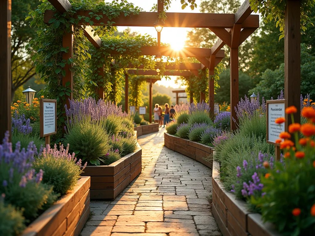 Enchanted Fragrance Garden Display Path - A winding garden path at golden hour, photographed with a wide-angle lens showcasing a professionally curated display of fragrant plants. The path features raised wooden planter boxes on both sides with clear, elegant botanical labels. Lavender, jasmine, and rosemary create distinct aromatic zones, while climbing roses arch overhead on wooden pergolas. Soft evening light filters through the foliage, creating a magical atmosphere. Garden center customers visible in the background exploring the sensory experience. Professional lighting illuminates educational placards describing scent profiles. Shot at f/2.8 with shallow depth of field highlighting the textural details of the plants and rustic wood elements.