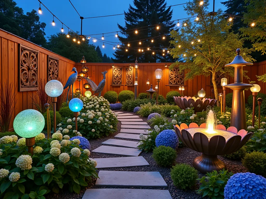 Enchanted Garden Art Gallery Display at Dusk - A stunning garden center display at dusk showcasing an artfully curated outdoor gallery space. Metal sculptures of herons and butterflies are arranged among blooming hydrangeas and ornamental grasses. Illuminated glass orbs in blues and greens float at varying heights, while copper wind chimes catch the evening light. Stone pathways wind through the display, bordered by glowing solar stakes and uplighted Japanese maple trees. Decorative metal screens create dramatic shadows on the ground, while string lights draped overhead create a magical canopy effect. The scene is captured in a wide-angle perspective, emphasizing the theatrical lighting and artistic composition of the space. Weathered copper fountains provide focal points, their gentle water movement reflecting the ambient lighting. Modern garden totems in muted earth tones stand as sentinels throughout the display.