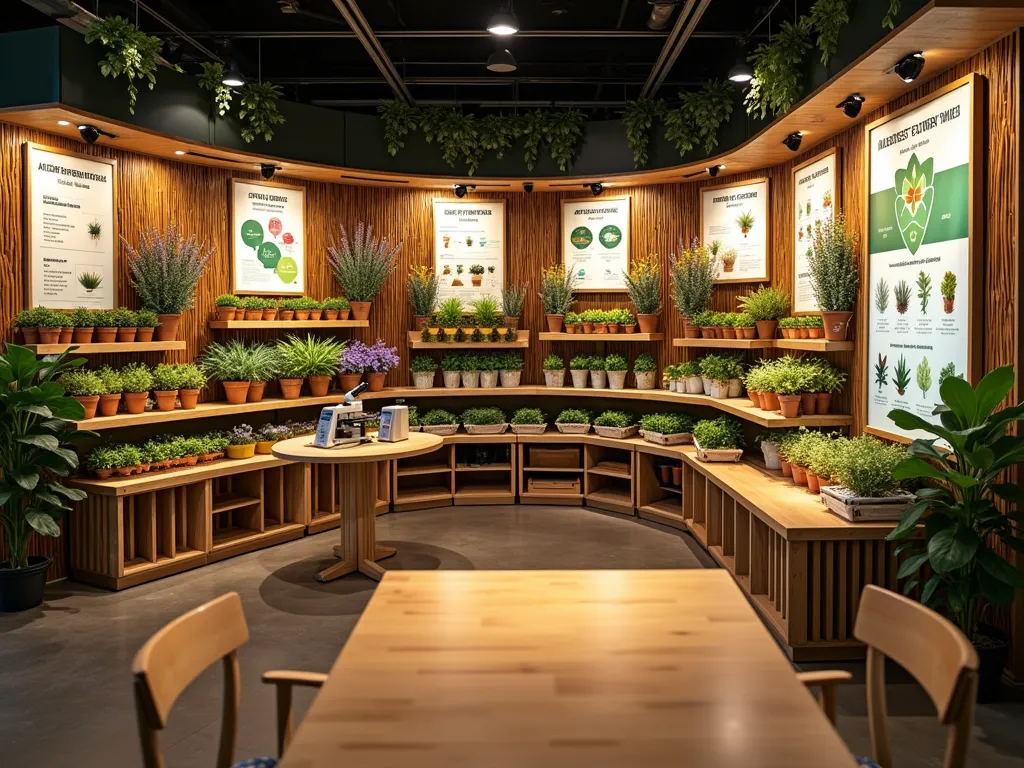 Garden Solutions Center Display - Professional DSLR wide-angle shot of a well-organized garden center solutions area at golden hour. Modern wooden display shelves arranged in a horseshoe layout, featuring integrated educational touchscreens and clear infographic signage. Left section showcases common pest-resistant plants like lavender and marigolds in terracotta pots. Center area displays organic pest control products and preventive measures on illuminated shelving. Right section features interactive problem-solving station with microscope for pest identification and sample affected plants. Warm lighting highlights product categories with soft shadows. Educational posters showing pest identification charts and organic solutions mounted on natural bamboo backdrop. Customer consultation area with rustic wooden table and chairs in foreground. Depth of field emphasizes product detail while maintaining environmental context.