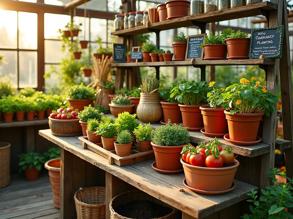 Elegant Garden-to-Table Merchandising Display - A stunning garden center display at golden hour, photographed with a wide-angle lens capturing a rustic wooden farm table surrounded by tiered shelving. The display showcases vibrant vegetable seedlings in terracotta pots, aromatic herb gardens, and vintage-style preserving jars. Artistic placement of copper harvesting tools, bamboo stakes, and garden twine creates visual interest. Chalkboard signs feature seasonal planting guides and companion planting diagrams. Mason jars filled with heirloom tomato seeds and dried herbs add charm. Natural sunlight filters through greenhouse panels, highlighting a collection of enamelware colanders, wooden harvest baskets, and recipe card displays. Companion planted demonstration containers show tomatoes with basil and marigolds. The scene is anchored by a vintage wooden ladder displaying hanging herb drying racks and preserved vegetable garlands.