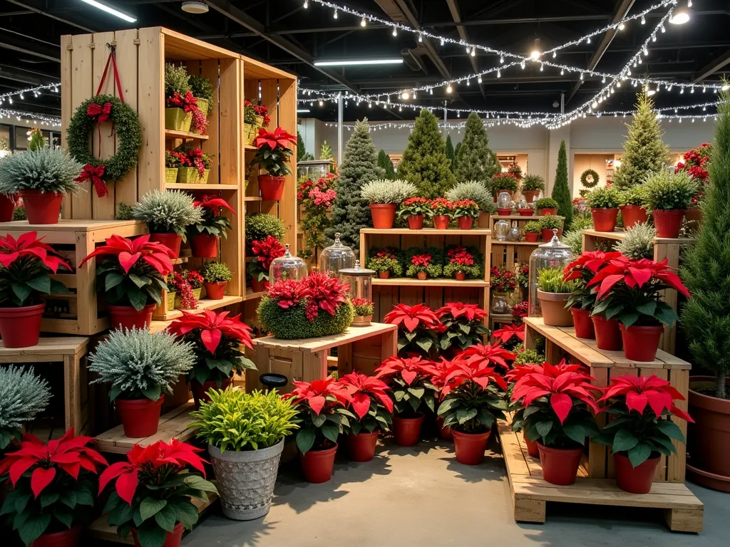 Enchanting Holiday Garden Center Display - A professionally photographed garden center display at dusk, captured with a wide-angle 16-35mm lens at f/2.8, ISO 400. The focal point is an elegantly curated Christmas-themed garden vignette featuring illuminated potted poinsettias, miniature decorated evergreens, and frost-resistant winter containers. Twinkling white LED lights weave through the display, creating a magical atmosphere. Rustic wooden crates and vintage sleds serve as multilevel display platforms, showcasing ready-made holiday arrangements. DIY project inspiration stations feature pinecone wreaths, decorated garden lanterns, and frost-resistant container gardens. Warm spotlighting highlights seasonal ribbons, ornaments, and metallic accents integrated throughout. Hanging baskets overflow with silver dusty miller, red cyclamen, and variegated ivy, while glass cloches protect delicate holiday arrangements.