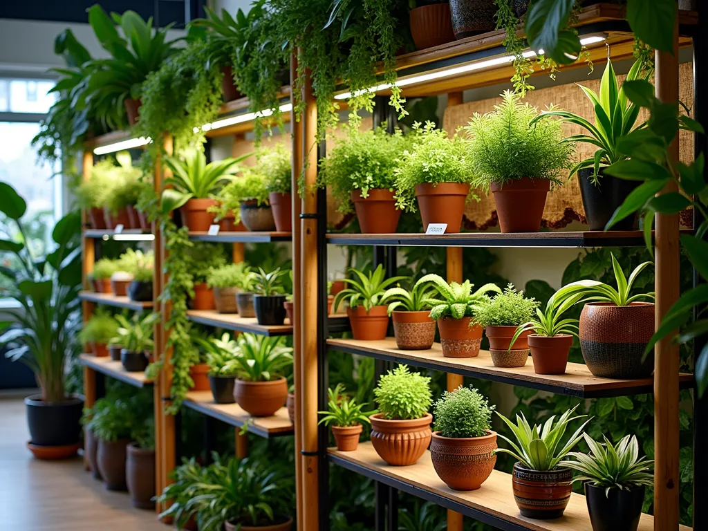 Indoor Plant Display Oasis - A stunning garden center display of indoor plants photographed using a 16-35mm lens at f/2.8, ISO 400. Multiple tiered bamboo and metal plant stands create a dramatic vertical garden effect, with lush foliage at varying heights. Philodendrons and monstera leaves cascade from the top level, while peace lilies and snake plants occupy the middle tier. The bottom features an array of colorful potted orchids and calatheas. Modern grow lights cast a warm, natural glow throughout the scene. Decorative ceramic and terra cotta pots in earth tones and geometric patterns add visual interest. Small educational tags indicate light and care requirements. The display is photographed from a three-quarter angle to show depth and layering, with selective focus highlighting the textural contrast between different foliage types. The background is slightly blurred, creating an ethereal jungle-like atmosphere.