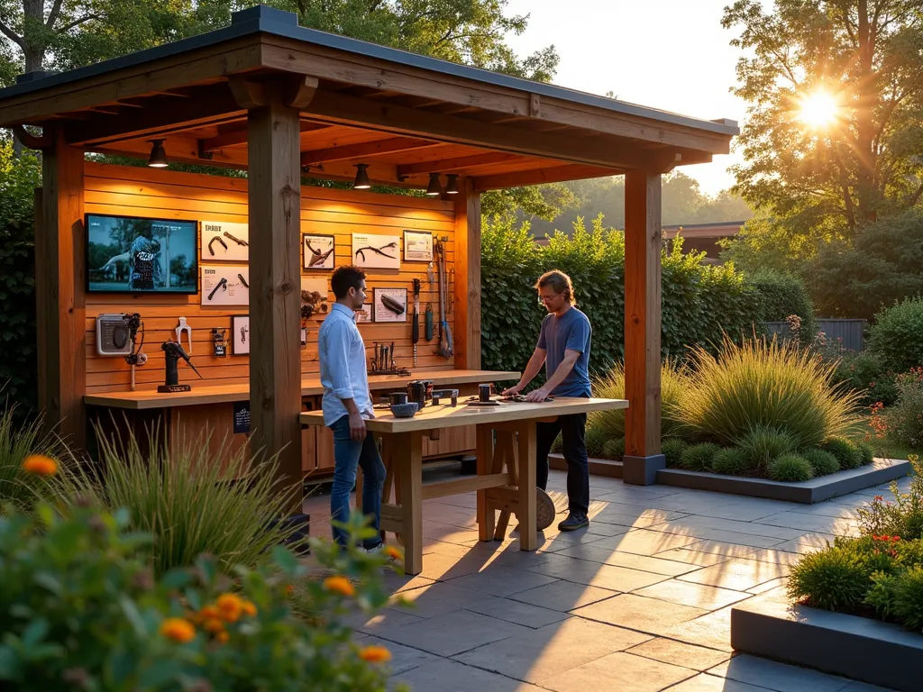 Interactive Garden Tool Testing Station at Sunset - A professional, well-lit outdoor demonstration area at golden hour, featuring a rustic wooden pergola with a modern testing station for garden tools. The station includes multiple height-adjustable workbenches with various premium garden tools neatly displayed. A large touchscreen monitor mounted on cedar panels shows instructional videos. Comparison charts are elegantly displayed on weatherproof panels. Customers are shown testing ergonomic pruning shears and spades in raised garden bed demonstrations. The space is surrounded by lush demonstration gardens with ornamental grasses and flowering perennials. Warm evening light filters through the pergola, creating an inviting atmosphere with subtle outdoor lighting beginning to illuminate the testing stations. The scene is captured in a three-quarter angle view, showing both the technical details of the testing station and the beautiful garden context.