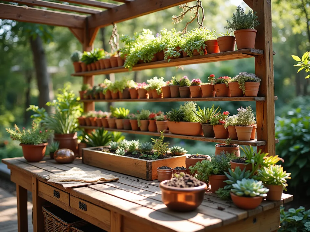 Interactive Succulent Bar Display - A professionally styled garden center display featuring a rustic wooden potting station bathed in warm afternoon sunlight. The centerpiece is an elegantly arranged succulent bar with multiple tiers of weathered wood shelving showcasing a diverse collection of colorful succulents. The display includes vintage copper and ceramic containers, premium potting soil in decorative bins, and a hands-on workspace with copper garden tools. Small terrariums and handcrafted pottery pieces are artfully scattered throughout. The scene is captured from a 45-degree angle, emphasizing depth and creating an inviting atmosphere with soft natural lighting filtering through overhead pergola slats, casting gentle shadows across the workspace. The background features a subtle bokeh effect of a garden setting, shot at f/8 for optimal detail and depth of field.