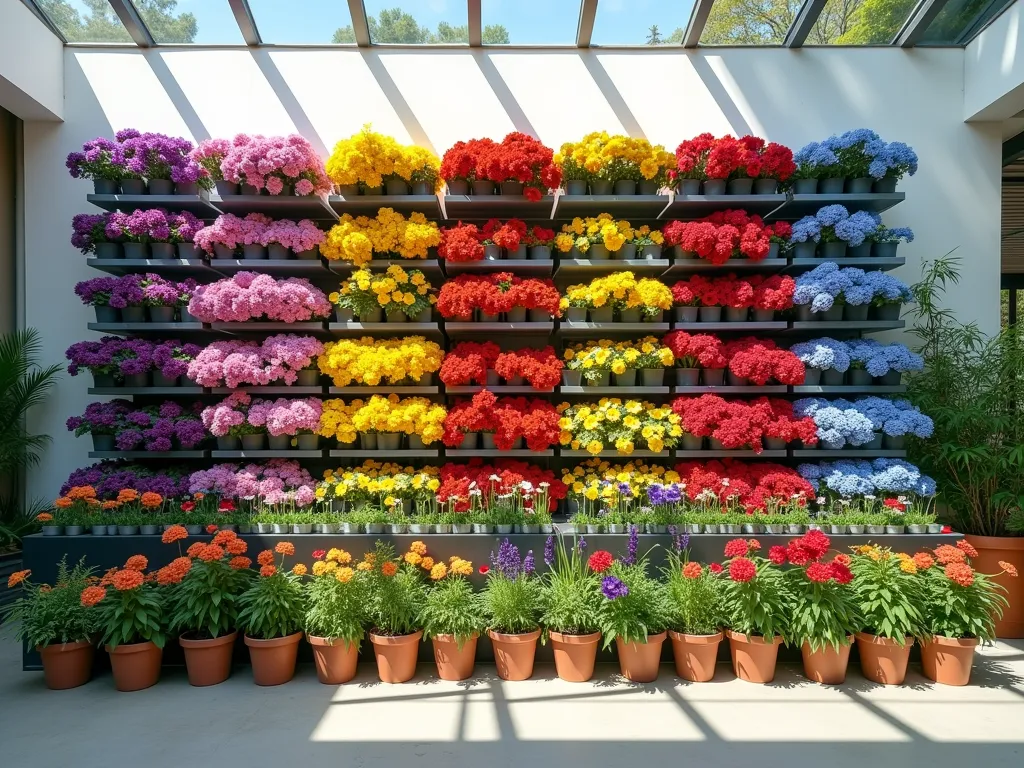 Modern Color-Block Plant Display Wall - A stunning wide-angle shot of a modern retail garden center display featuring a dramatic 12-foot-tall tiered shelving system against a sleek white wall. The shelves are artfully arranged with plants grouped in distinct vertical color blocks - vibrant purple salvias and verbenas, sunny yellow marigolds and lantanas, fiery red geraniums and petunias, and cool blue delphiniums and lobelias. Each color section is complemented by coordinating ceramic planters in matching hues. The morning sunlight streams through overhead skylights, creating a natural spotlight effect on the display. Shot with professional DSLR camera settings: f/8 aperture, ISO 100, 1/125 shutter speed, capturing the rich depth and vibrancy of the color blocks while maintaining crystal clear detail throughout the frame.