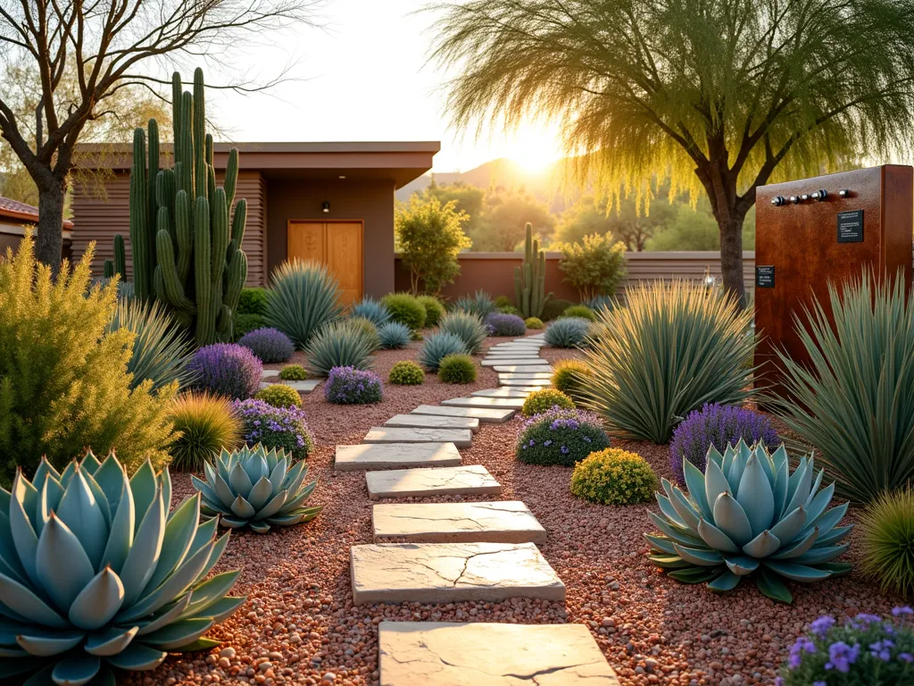 Modern Desert Garden Display - A stunning garden center display showcasing a modern water-wise garden at golden hour. Wide-angle shot of an artfully arranged collection of drought-tolerant plants including silver-blue agave, purple-hued echeveria rosettes, and tall desert spoon plants. Natural stone pathways weave through the display, accentuated by copper-colored decomposed granite and decorative pebble mulch. Smart irrigation systems are elegantly integrated, with drip lines discretely visible. Educational signage about water conservation blends seamlessly into the desert landscape. Warm sunset light casts long shadows across the textural succulents and ornamental grasses, while a contemporary cor-ten steel water feature provides a focal point. Shot with a digital camera, 16-35mm lens at f/2.8, ISO 400, capturing the rich colors and intricate details of this sustainable garden inspiration.