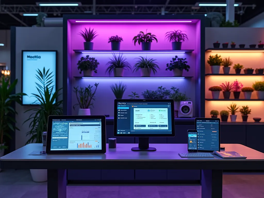 Modern Garden Tech Display Corner at Dusk - A sophisticated garden center display at dusk featuring a modern technology corner with dramatic LED lighting. A sleek demonstration table showcases active smart irrigation controllers with digital displays glowing in cool blue tones. Wall-mounted LED grow lights create a purple-tinged ambiance, illuminating a variety of indoor plants. Interactive touchscreen displays show real-time plant monitoring data and comparison charts. Clean, minimalist shelving units display packaged smart sensors and tech accessories. Shot with shallow depth of field focusing on the central demo area, with soft bokeh effects on the technology wall behind. The scene is captured using a wide-angle perspective that shows the full tech corner integration within the garden center space, with warm accent lighting highlighting key product features.