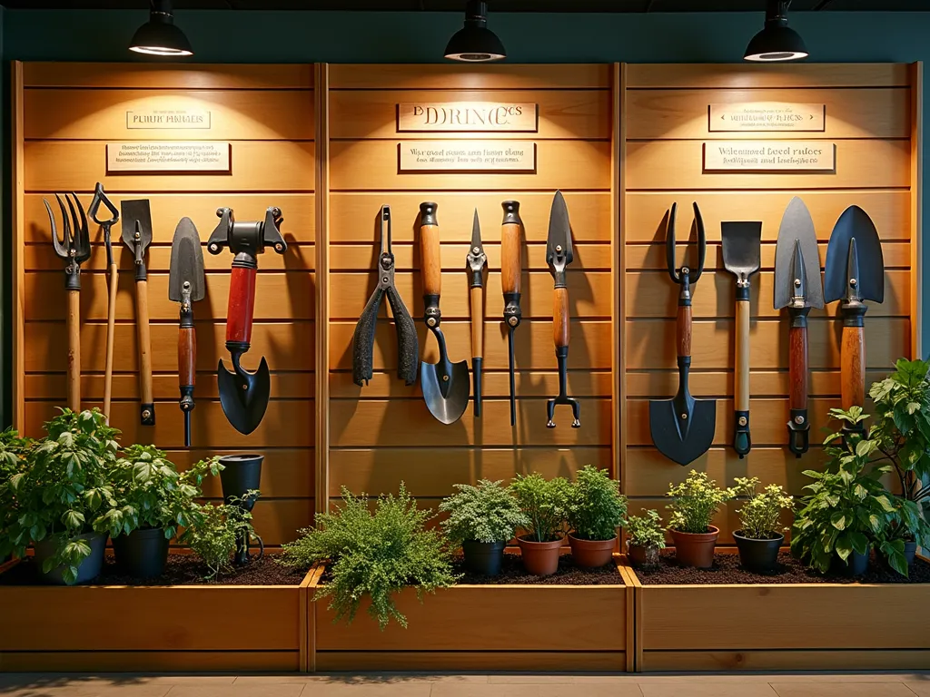 Modern Garden Tool Educational Display Wall - Professional photograph of a beautifully organized garden tool wall display in warm evening light. The wall features a modern wood-slat backdrop with expertly arranged garden tools grouped by category - pruning, digging, and planting. Each section has elegant wooden plaques with gold lettering explaining proper tool use. Seasonal tools are highlighted with soft accent lighting. Interactive QR codes beside tools link to maintenance videos. The display includes a mix of traditional and ergonomic tools, with small potted herbs and flowering plants strategically placed to add life. A demonstration area below shows tools in context with garden supplies. Shot at a 3/4 angle to show depth and organization, with shallow depth of field focusing on central display. Photographic style: warm, inviting, educational, high-end retail