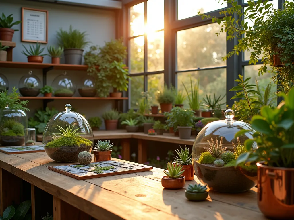 Modern Terrarium Creation Station Display - A beautifully lit garden center display featuring a custom-built wooden terrarium bar station at golden hour. The L-shaped workspace includes floating glass shelves showcasing various sizes of geometric glass terrariums. The counter features a rustic wood top with organized sections containing colorful succulents, air plants, miniature ferns, and moss varieties. Professional lighting illuminates step-by-step instruction cards and care guides mounted on a living wall backdrop. Workshop scheduling board visible in copper frame. Detailed close-up of carefully arranged terrarium-building supplies including colored sand, decorative stones, activated charcoal, and miniature figurines in copper containers. Soft natural light streaming through greenhouse panels creates a warm, inviting atmosphere with slight lens flare effect.