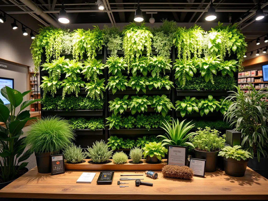 Modern Vertical Garden Display Wall - A stunning DSLR wide-angle shot of a professionally lit garden center display featuring a 12-foot tall living wall system, photographed during golden hour. The wall showcases multiple tiers of lush plants in a modern grid pattern, including trailing pothos, ferns, and flowering perennials. Various vertical gardening systems are demonstrated side-by-side, from pocket planters to hydroponic systems. The foreground displays maintenance tools and automated drip irrigation components neatly arranged on a rustic wooden table. Soft, warm lighting highlights the textural contrast between different foliage types, while discreet LED spotlights illuminate key display areas. The composition includes a customer interaction zone with touch-screen product information and live demonstration area, f/8 aperture capturing rich detail throughout the scene.