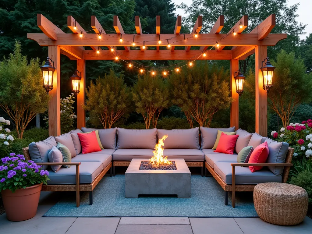 Enchanting Outdoor Living Room Display - A twilight scene of an inviting garden center display featuring a luxurious outdoor living room setup, photographed with a wide-angle lens at f/2.8. A plush grey weatherproof sectional sofa anchors the space, adorned with colorful outdoor cushions in coral and sage green. Elegant copper lanterns cast a warm glow while string lights twinkle overhead between wooden pergola beams. Large ceramic planters showcase cascading purple petunias and white calibrachoa, while tall architectural bamboo creates privacy screens. A modern concrete fire table serves as the centerpiece, surrounded by woven rattan accent chairs. Layered outdoor rugs in muted blues define the space, while strategically placed price tags blend naturally into the scene. Shot during golden hour with natural light mixing with ambient lighting, creating a dreamy atmosphere that showcases the transformation possible in customers' own gardens. 16-35mm lens captures the entire lifestyle vignette while maintaining intimate details.