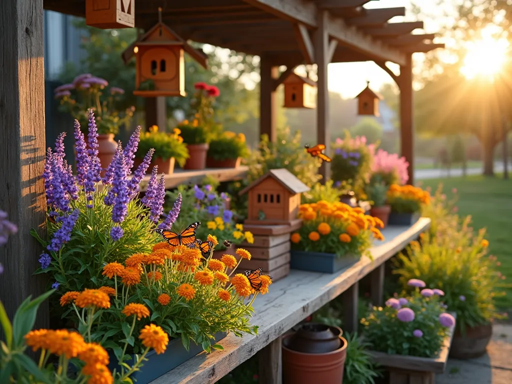 Enchanting Pollinator Garden Display - A golden hour photograph of a professionally styled garden center display dedicated to pollinators, shot at f/2.8 with soft, warm lighting. The focal point is a beautifully curated collection of flowering plants arranged in tiers, with purple coneflowers, lavender, and butterfly bushes in full bloom. Mason bee houses and decorative butterfly feeders hang from a rustic wooden pergola structure above. Educational signage with clean, modern typography explains pollinator lifecycles. In the foreground, a cluster of native wildflowers attracts several monarch butterflies and bumblebees, captured in sharp detail against the bokeh background. Vintage-style terracotta pots and natural wood display elements create a cohesive, organic aesthetic. Shot with a 16-35mm lens to capture both the intimate details and the overall display composition.