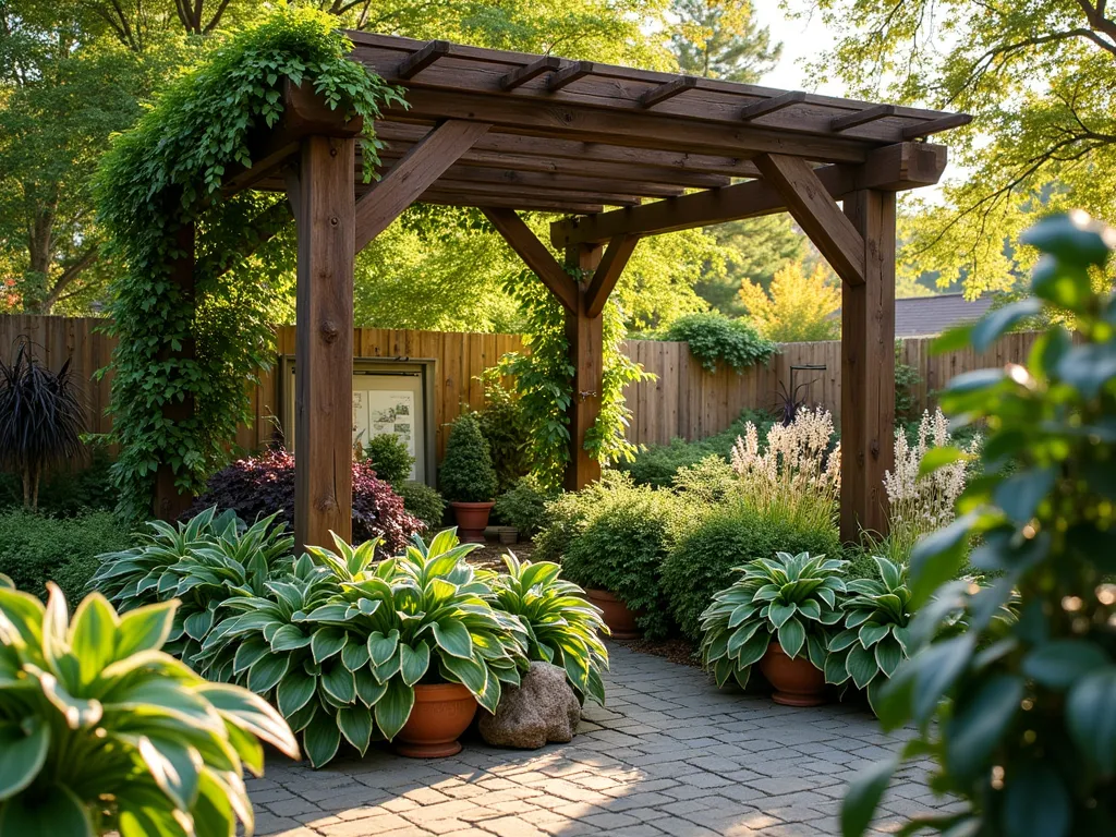 Enchanting Shade Garden Display - A professionally styled garden center display showcasing a serene shade garden solution, photographed during golden hour. The scene features an elegant timber pergola casting dappled shadows, with layers of shade-loving plants artfully arranged beneath. Hostas with large, variegated leaves create a lush ground cover, while Japanese forest grass adds flowing texture. Deep purple heucheras contrast with light green ferns, and white-flowering astilbe provides vertical interest. Artistic signage demonstrates light level requirements, while rustic wooden plant stands at varying heights create depth. Japanese maples in decorative containers add architectural elements. The display includes companion planting diagrams and is illuminated by warm, diffused lighting that highlights the varying textures and creates a magical woodland atmosphere. Shot with a wide-angle lens to capture the full display layout, with careful attention to depth of field showing intricate plant details. DSLR settings: f/8, ISO 100, 1/125 sec.