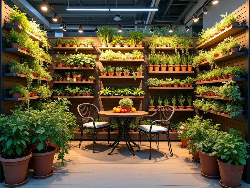 Space-Saving Garden Display Solution - An inviting garden center display at golden hour showcasing creative small-space gardening solutions. A modern vertical garden wall system featuring cascading herbs and succulents dominates the left side, while compact tiered shelving displays colorful dwarf citrus trees and mini vegetables in smart self-watering containers. The center features an elegant balcony-sized bistro set surrounded by hanging basket displays with trailing petunias and compact tomato varieties. Innovative wall-mounted planters demonstrate space-efficient growing solutions, illuminated by warm ambient lighting. Shot from a slight elevated angle to capture the full layout, with selective focus on space-saving features. Styled with a contemporary urban aesthetic, incorporating metallic and wooden elements.