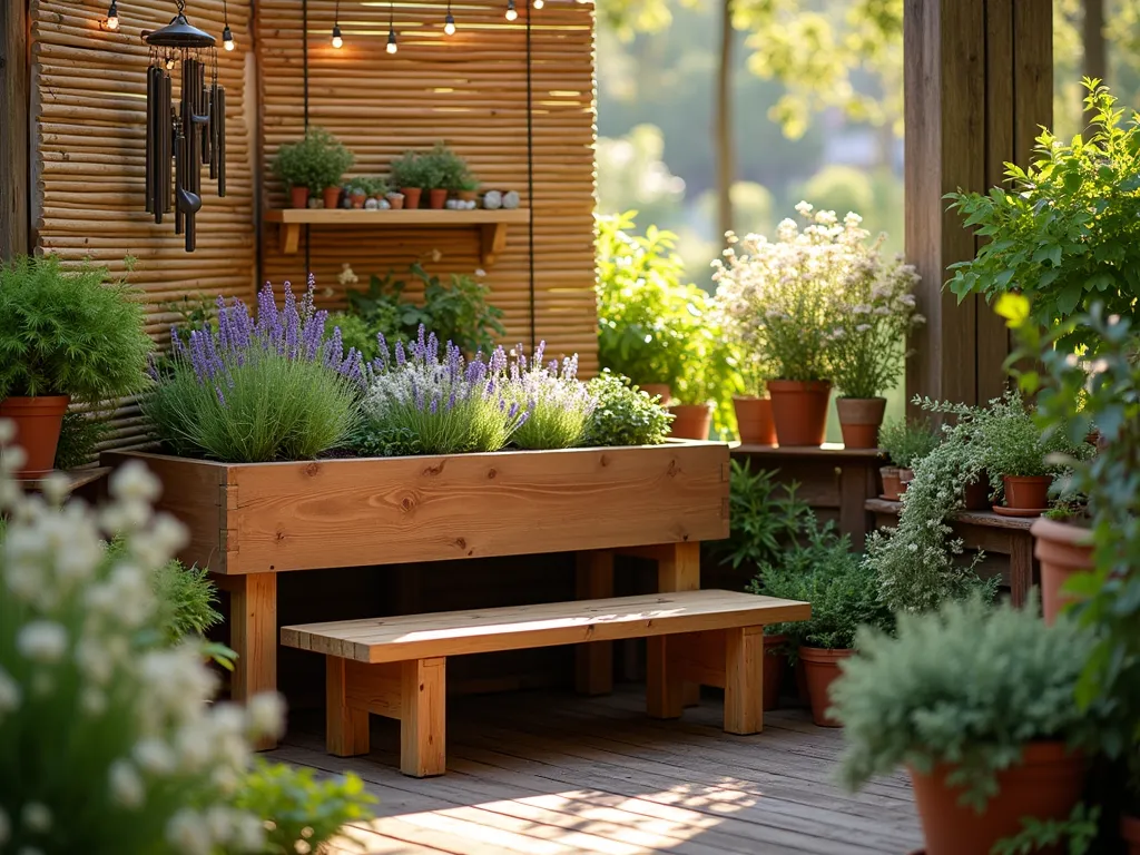 Therapeutic Garden Display Corner at Sunset - A serene garden center display corner at golden hour, photographed with a wide-angle lens capturing a harmonious therapeutic gardening setup. A raised cedar planter bed at wheelchair height contains lavender, chamomile, and sensory plants. Ergonomic gardening tools are artfully arranged on a vintage potting bench. String lights create a warm ambiance above. In the foreground, a meditation bench faces the display, surrounded by potted herbs and wind chimes. Natural light filters through bamboo screens, casting gentle shadows. The space includes tactile elements like soft lamb's ear plants and smooth river stones. Professional DSLR photo with perfect depth of field showing customer interaction space. f/8, ISO 100, 1/125 sec.