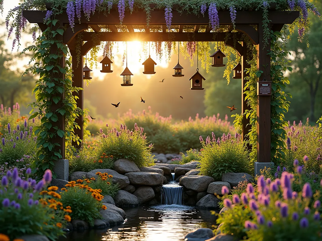 Wildlife Sanctuary Garden Display - A stunning garden center display showcasing a complete wildlife habitat garden at golden hour. The focal point features a rustic wooden pergola draped with native climbing vines and purple wisteria, creating dappled light patterns. Multiple bird feeders and cedar birdhouses hang at varying heights. A natural stone waterfall cascades into a small pond surrounded by native wildflowers like purple coneflowers, black-eyed susans, and butterfly milkweed in full bloom. Butterflies and hummingbirds hover near the flowers while songbirds visit the feeders. Educational signage about wildlife certification requirements is tastefully integrated. Shot with a wide-angle lens capturing the entire display with golden sunlight filtering through the pergola, creating a magical atmosphere. Professional photography, high detail, cinematic lighting, 16-35mm, f/2.8, ISO 400.