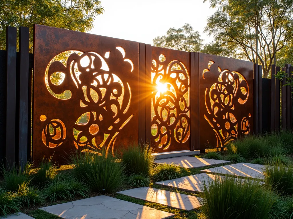 Modern Abstract Metal Garden Fence at Sunset - A stunning wide-angle DSLR photograph of a contemporary garden featuring a spectacular abstract metal fence panel, shot during golden hour. The fence consists of flowing, interconnected geometric shapes and curved lines in weathered copper and burnished steel, creating an artistic focal point. The 6-foot-tall metal panels cast intricate shadows across a modern zen garden with ornamental grasses. Soft evening light filters through the artistic cutouts, creating a mesmerizing play of light and shadow on the ground. Professional architectural photography, f/8, ISO 100, 1/125s, capturing the warm sunset glow on the metalwork's patina finish. Japanese forest grass and tall bamboo provide organic contrast to the metal's geometric patterns.