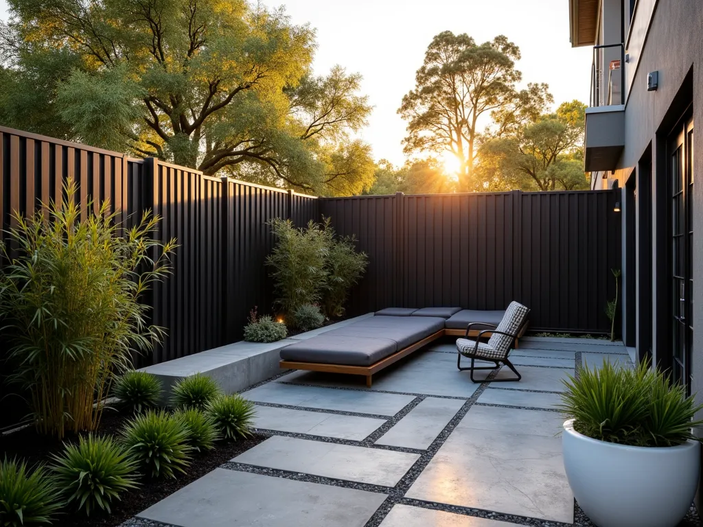 Modern Adjustable Metal Privacy Panels at Sunset - A sophisticated modern backyard setting at golden hour, featuring sleek adjustable metal privacy panels in a dark graphite finish. The panels are photographed at different angles, showing their rotating capability, with some fully closed and others partially open to create interesting light patterns on a contemporary stone patio. Tall ornamental grasses and bamboo provide natural contrast against the geometric metal design. Soft sunset light filters through the partially opened panels, creating dramatic shadows and light play. Shot with a wide-angle perspective to showcase the full installation, with modern outdoor furniture and ambient lighting completing the scene. Photographed with a shallow depth of field to emphasize the panel details and texture.