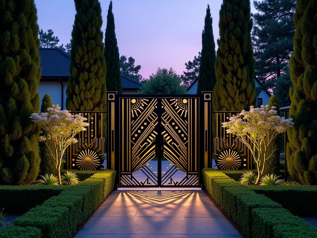 Art Deco Metal Garden Gate at Twilight - A stunning Art Deco-inspired metal garden fence and gate photographed at twilight, featuring dramatic geometric patterns with chevrons, sunbursts, and stepped forms in black metal with gold accents. The fence spans across a manicured garden entrance, with soft uplighting illuminating its intricate metalwork. Tall cypress trees frame the composition, while structured boxwood hedges line the pathway. The angular shadows cast by the fence create dramatic patterns on the stone pathway, while climbing moonflowers add an organic contrast to the geometric design. Photographed from a slight angle to showcase both the depth and architectural details, with a soft purple-blue twilight sky in the background.