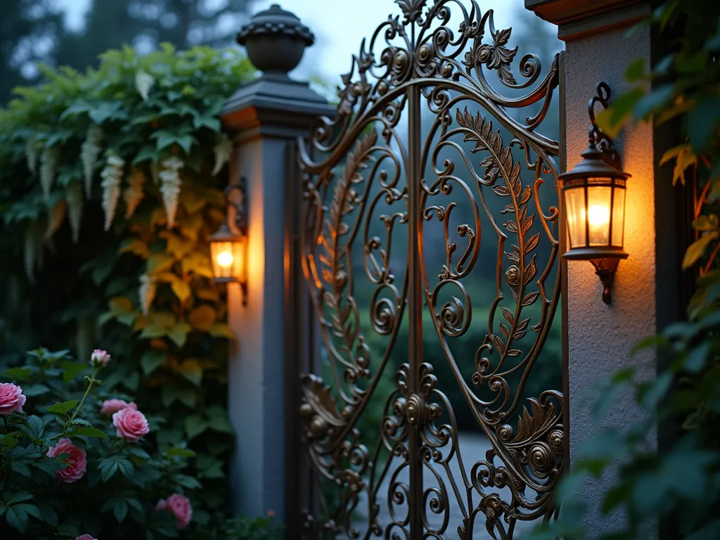 Art Nouveau Metal Garden Gate at Twilight - A stunning close-up shot of an ornate metal garden fence and gate at twilight, featuring elaborate Art Nouveau design with sweeping, organic curves reminiscent of climbing vines and unfurling ferns. The metalwork, finished in a deep bronze patina, showcases intricate peacock feather motifs and flowing botanical patterns. Soft garden lights illuminate the detailed scrollwork, casting romantic shadows on a backdrop of climbing wisteria and moonlit roses. The fence panels seamlessly blend geometric and natural forms, with sinuous lines creating an ethereal gateway into a secret garden. Captured with shallow depth of field to emphasize the intricate metalwork details.