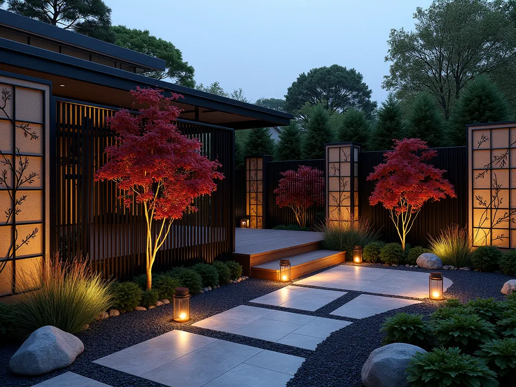 Serene Asian Metal Garden Screen at Dusk - A stunning wide-angle shot of a contemporary Japanese garden at dusk, featuring an elegant black metal privacy screen with intricate cherry blossom and bamboo patterns. The 7-foot tall decorative metal screen casts delicate shadows on a zen garden with raked gravel. Soft landscape lighting illuminates Japanese maple trees and ornamental grasses behind the screen, creating a magical interplay of light and shadow. The screen seamlessly connects to matching metal fence panels, incorporating geometric Asian-inspired patterns. A stone pathway leads to a wooden deck, while copper lanterns provide warm ambient lighting. The scene captures the perfect balance of modern metal artistry and traditional Asian garden design.