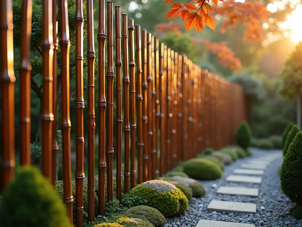 Modern Bamboo-Inspired Metal Garden Fence - A stunning close-up photograph of an elegant metal garden fence with stylized bamboo patterns, featuring sleek bronze-finished vertical metal tubes of varying heights mimicking natural bamboo stalks. The fence is set against a serene Japanese-inspired garden backdrop with moss-covered stones and dwarf maple trees. Golden hour sunlight filters through the metallic bamboo design, casting dramatic shadows on a gravel pathway. Shot with a DSLR camera at f/8, capturing the intricate details of the metalwork while maintaining depth of field to showcase the zen garden elements. The composition emphasizes the harmonious blend of industrial materials with organic design, photographed from a slight low angle to enhance the fence's presence.