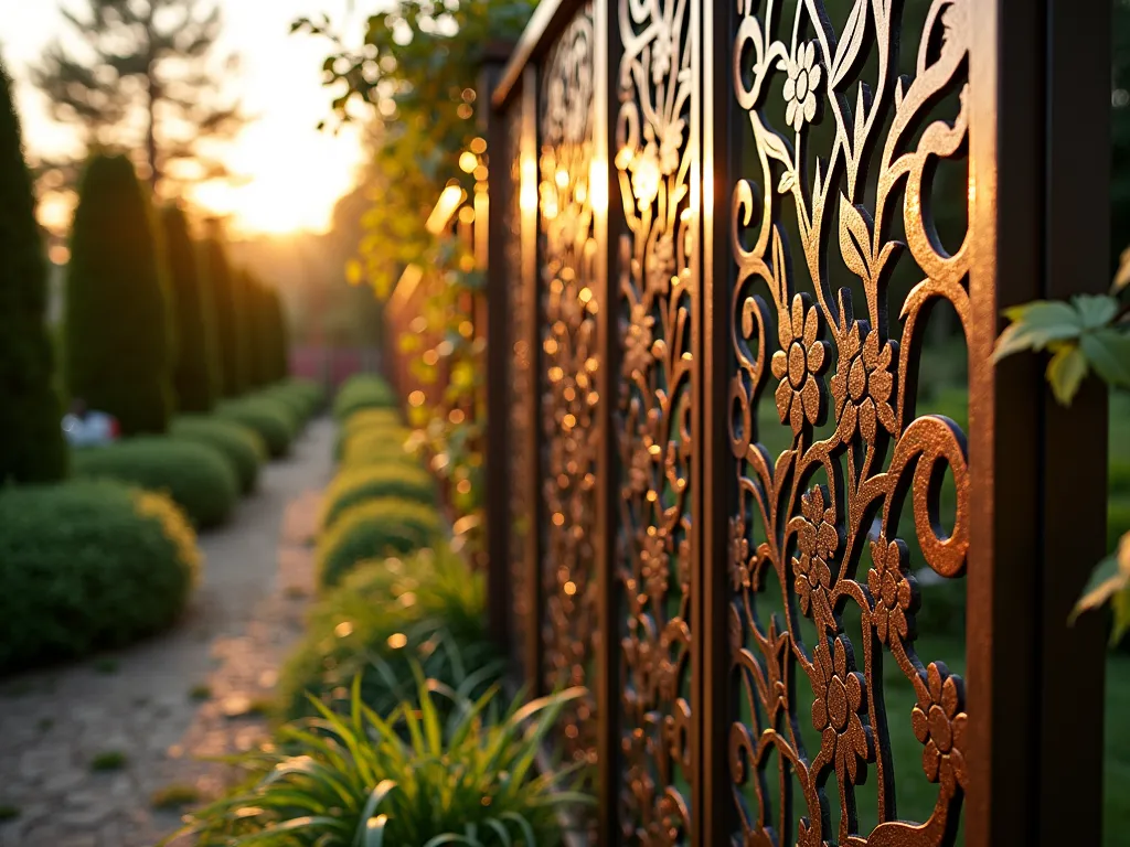 Elegant Botanical Metal Fence Panel at Sunset - A stunning close-up photograph of an ornate laser-cut metal garden fence panel featuring intricate botanical patterns of ferns, flowers, and vines, captured during golden hour. The setting sun casts dramatic shadows through the decorative cutouts onto a lush garden path lined with ornamental grasses. The weathered copper-toned metal panel stands 6 feet tall, showcasing sophisticated craftsmanship with its detailed floral motifs and scrollwork. Soft backlighting creates a magical interplay of light and shadow, while climbing jasmine begins to weave through the panel's edges. Shot with a DSLR camera at f/8, ISO 100, capturing the rich textures and dimensional depth of the artistic metalwork against a blurred background of evergreen shrubs.