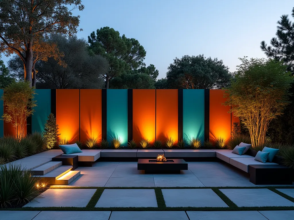 Modern Color Block Metal Garden Fence - A stunning twilight photograph of a modern garden featuring a dramatic metal fence composed of alternating rectangular panels in bold turquoise, deep orange, and matte black. The fence, standing 6 feet tall, creates a geometric pattern against the fading daylight. Clean-lined contemporary landscaping complements the design, with architectural grasses and bamboo casting elegant shadows. Shot with a wide-angle perspective to capture the full impact of the color-blocked installation, while soft garden lighting illuminates the panels from below. The powder-coated metal surface reflects the golden hour light, creating a sophisticated interplay of light and shadow across the geometric design. Modern concrete pavers and minimalist seating elements complete the contemporary scene.