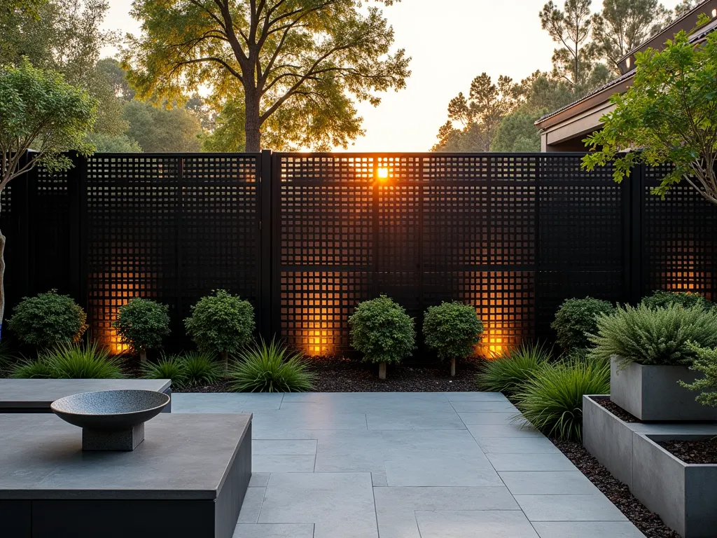 Modern Grid Metal Garden Fence - A stunning wide-angle view of a contemporary backyard garden at golden hour, featuring a sophisticated black metal fence with a precise geometric grid pattern. The fence stands 6 feet tall with clean lines and uniform squares, creating a striking visual rhythm. Modern landscaping complements the fence with structured boxwood hedges and ornamental grasses. Sleek outdoor furniture and minimalist concrete planters accent the space. Warm sunset light casts dramatic shadows through the grid pattern onto a modern stone patio, while strategic uplighting prepares to illuminate the fence as dusk approaches. The fence's matte black finish contrasts beautifully with the lush greenery and architectural plants behind it.