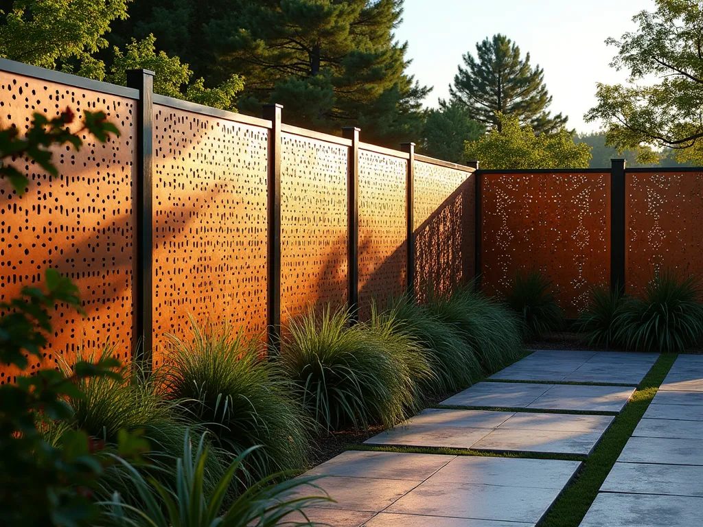 Elegant Copper Panel Garden Screen at Sunset - A stunning modern garden scene at golden hour featuring an intricate copper panel screen fence with delicate geometric perforations casting dramatic shadows across a stone patio. The 7-foot-tall copper panels showcase a rich, variegated patina in tones of turquoise, rust, and warm brown. Japanese maples and ornamental grasses soften the fence line, while strategic uplighting enhances the fence's artistic shadows. The composition captures both the full fence expanse and detailed close-ups of the artistic perforations, with the setting sun's rays filtering through the patterns creating a magical interplay of light and shadow on the natural stone pavers below.