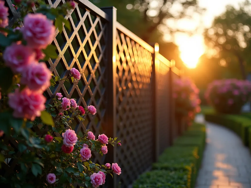 Elegant Aluminum Lattice with Climbing Roses - A close-up sunset shot of a modern decorative aluminum lattice fence panel, featuring a sophisticated dark bronze finish and intricate crisscross pattern. Beautiful climbing pink roses and purple clematis weave through the geometric lattice design, creating a stunning natural contrast against the metalwork. Golden evening light filters through the pattern, casting decorative shadows on a well-maintained garden path below. The fence section is photographed at a slight angle to showcase both its architectural detail and its integration with the landscape, shot with a shallow depth of field that softly blurs the lush garden background. Digital camera capture with 16-35mm lens at f/2.8, ISO 400.