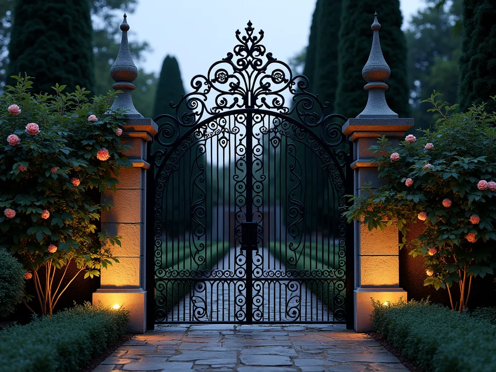 Gothic Revival Metal Garden Gate at Dusk - A dramatic wide-angle shot of an ornate black wrought iron garden fence and gate at dusk, featuring intricate Gothic-inspired pointed arches and elaborate scrollwork patterns. The fence spans across a well-manicured garden entrance, with climbing roses and ivy partially embracing the metalwork. Soft landscape lighting illuminates the detailed metalwork from below, casting enchanting shadows on the stone pathway. The fence stands approximately 7 feet tall with twin spired posts flanking the central gate, which showcases a mesmerizing pattern of intersecting arches and delicate spiral details. Behind the fence, mature cypress trees create a dark, mysterious backdrop, enhancing the medieval atmosphere. The metal has a classic matte black finish that emphasizes the architectural details, photorealistic, professional photography, architectural detail