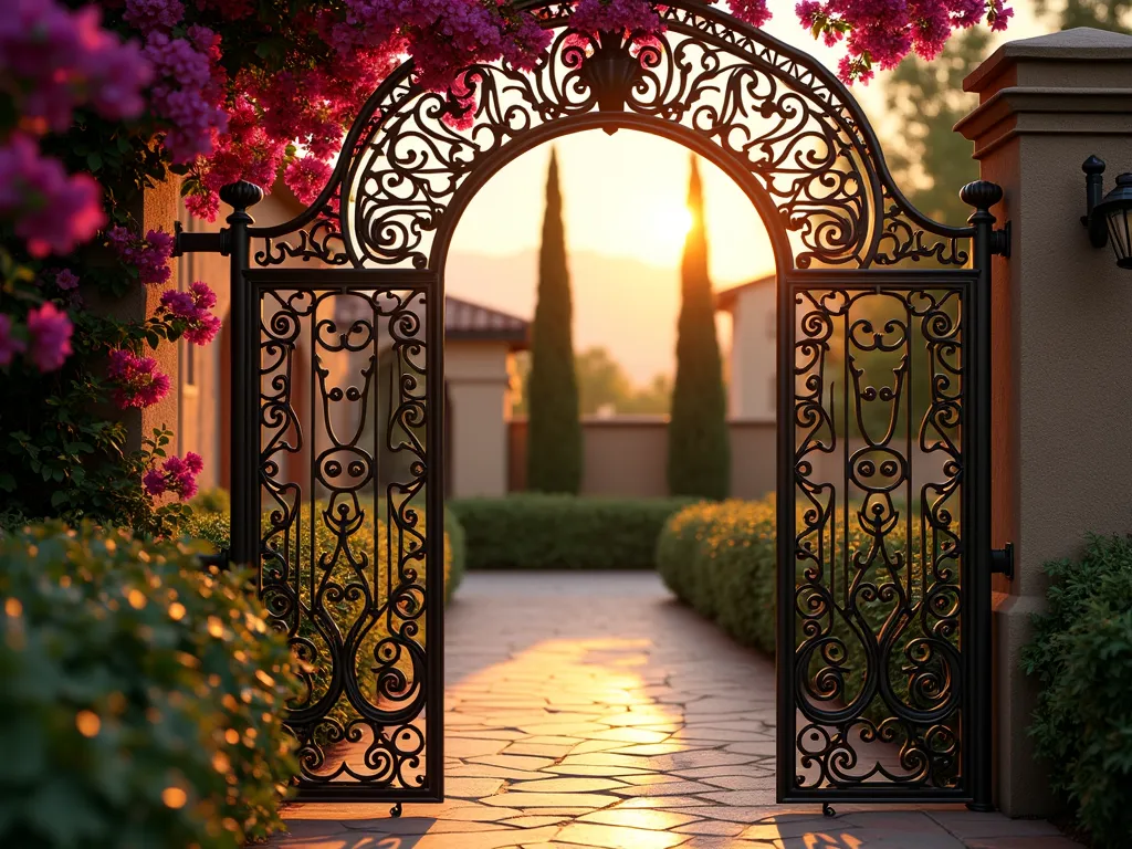 Mediterranean Metal Garden Gate at Sunset - A stunning close-up shot of an ornate wrought iron garden fence and gate at golden hour, featuring intricate Mediterranean-inspired scrollwork and arabesque patterns. The metalwork displays elegant curved lines and flowing geometric designs in a dark bronze finish. Climbing bougainvillea with vibrant magenta blooms weaves through the metalwork, while Mediterranean cypress trees are visible in the background. Warm sunset light filters through the detailed metalwork, casting intricate shadows on a terracotta-tiled pathway. The scene captures the romantic, exotic essence of Mediterranean garden design with a perfect balance of architectural elegance and natural beauty. Photorealistic, high detail, architectural photography style.