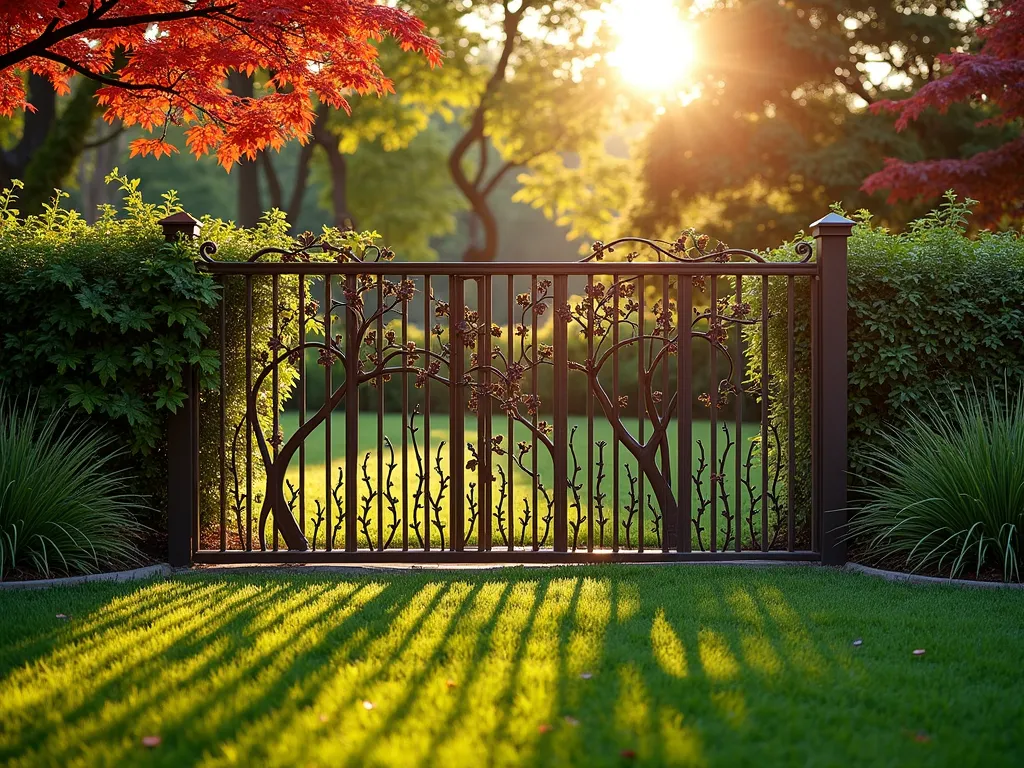 Artistic Metal Tree Branch Fence at Sunset - A stunning metal garden fence with intricate tree branch and leaf patterns, photographed during golden hour. The artistic metalwork features detailed branches that intertwine naturally, creating shadows on a well-manicured lawn. The fence stands 6 feet tall with a dark bronze finish, complemented by climbing jasmine vines beginning to weave through the design. In the foreground, ornamental grasses sway gently, while Japanese maple trees in the background create a layered, natural effect. Shot with soft, warm lighting that highlights the metalwork's organic curves and textures, captured with a wide-angle perspective to show the fence's integration with the surrounding landscape.