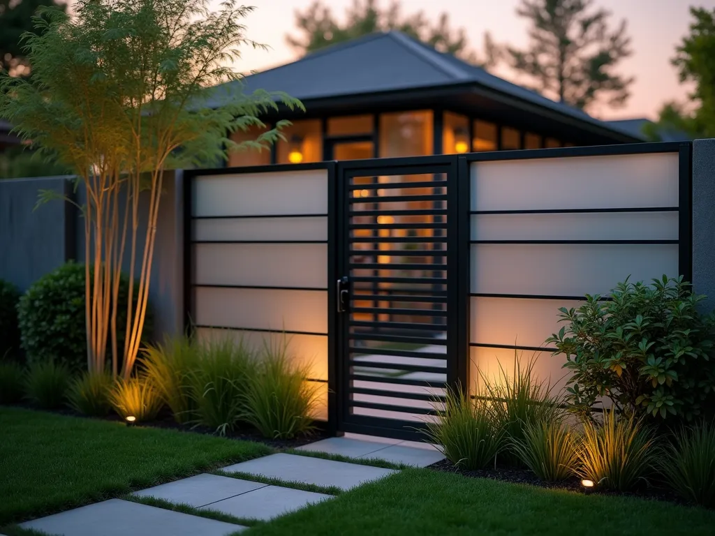 Modern Black Metal Garden Frame - A stunning twilight garden scene featuring a minimalist black metal fence with clean horizontal lines, photographed at golden hour. The contemporary fence frames create geometric patterns against a lush garden backdrop. Dark matte metal posts stand elegantly between frosted glass panels, while ornamental grasses and Japanese maple sway gently in the foreground. Shot from a medium-low angle to emphasize the fence's architectural presence, with soft bokeh effects highlighting garden lighting. The sleek design complements modern landscaping with carefully placed bamboo and architectural plants. Captured with a 16-35mm lens at f/2.8, ISO 400, creating a perfect balance between sharp detail and atmospheric depth.