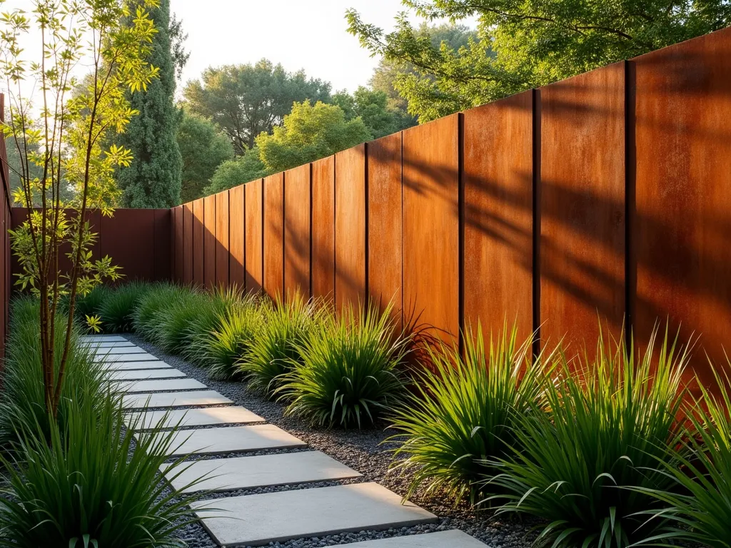 Modern Corten Steel Garden Fence at Sunset - A stunning wide-angle shot of a contemporary garden featuring weathered Corten steel fence panels with their signature orange-brown patina, photographed during golden hour. The tall panels create a dramatic backdrop for ornamental grasses and bamboo, casting warm shadows across a modern stone path. The fence's rich, rustic texture contrasts beautifully with lush green foliage and architectural plants. Soft evening light filters through the plants, highlighting the steel's natural oxidized patterns. Shot with a digital camera, 16-35mm lens at f/2.8, ISO 400, capturing the depth and warmth of the scene.