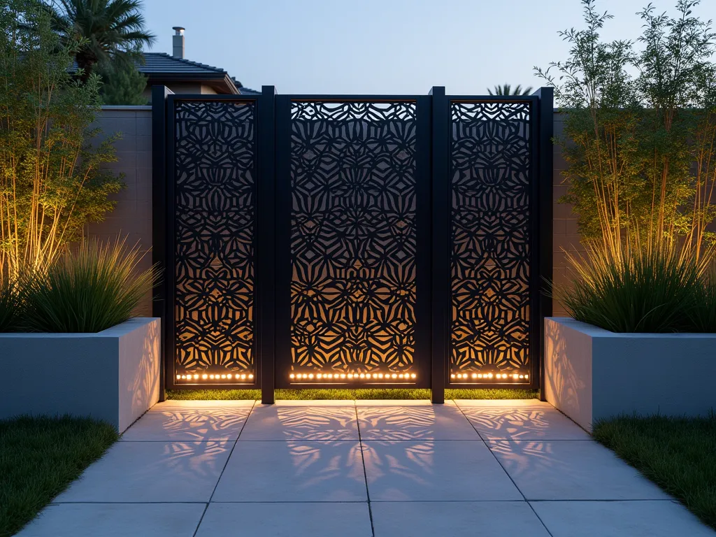 Contemporary Geometric Metal Garden Screen at Dusk - A stunning contemporary garden scene at dusk featuring a modern laser-cut geometric metal fence panel with intricate hexagonal and triangular patterns. The 8-foot-tall dark charcoal powder-coated panels create dramatic shadows on a minimalist limestone path below. Soft landscape lighting illuminates architectural grasses and bamboo behind the fence, while subtle LED strips integrated into the panel base cast a warm glow. Shot at f/2.8 with a 16-35mm wide-angle lens, capturing the interplay of fading natural light and artificial illumination on the sophisticated metal patterns. Modern concrete planters with sculptural succulents frame the composition, while the geometric shadows create an artistic display on the light-colored pavement.