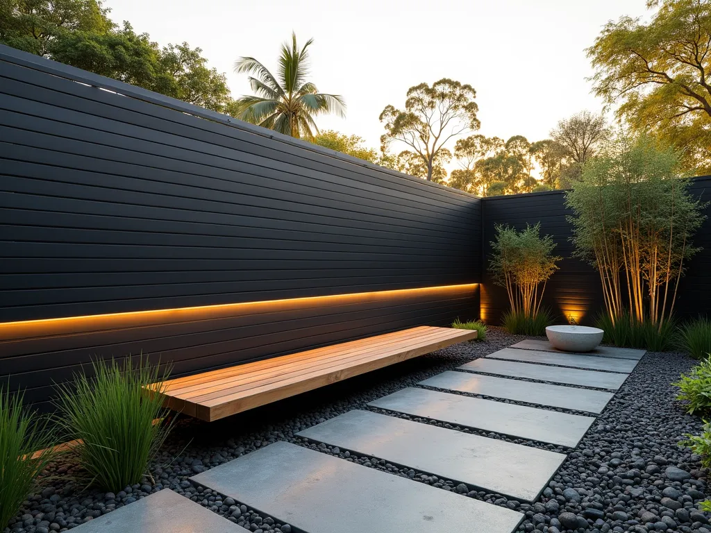 Modern Horizontal Metal Fence with Zen Garden - A stunning contemporary backyard featuring a sleek horizontal metal fence with alternating wide and narrow panels in charcoal gray. The minimalist fence creates clean lines against a modern landscaped garden at golden hour. The varying panel widths create an artistic rhythm while providing privacy. Architectural grasses and bamboo plants soften the metal elements, while LED strip lighting between panels adds ambient illumination. A floating wooden bench runs parallel to the fence, emphasizing its horizontal lines. The space includes a zen rock garden with carefully placed river stones and a small water feature, photographed from a wide angle to showcase the fence's space-expanding properties.