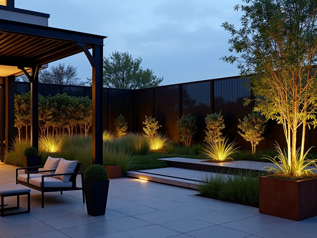 Modern Industrial Mesh Garden Fence - A stunning twilight photograph of a contemporary urban garden featuring sleek black powder-coated industrial mesh panels as fencing, captured at f/2.8 with a 16-35mm lens. The panels create geometric shadows across a minimalist garden space with architectural grasses. Warm LED accent lighting illuminates the mesh panels from below, creating a dramatic interplay of light and shadow. The fence integrates seamlessly with steel pergola elements, while climbing vines begin to soften select panels. In the foreground, a modern concrete patio features designer outdoor furniture, while tall Corten steel planters with bamboo provide vertical interest. The mesh panels' transparency allows glimpses of garden lighting beyond, creating depth and mystery in the composition.