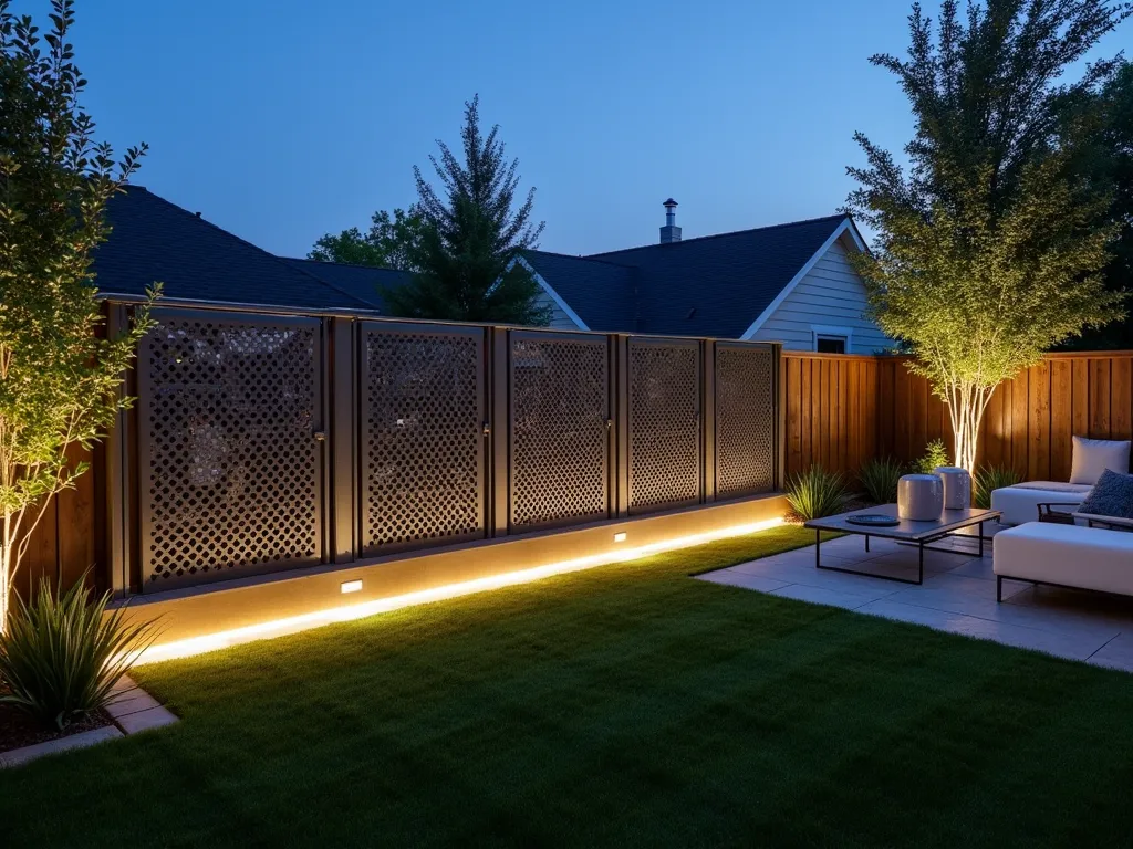 Modern LED Metal Garden Fence at Twilight - A stunning twilight scene of a contemporary backyard featuring a sleek, geometric metal fence with integrated LED lighting. The 6-foot-tall dark gray metallic panels have intricate laser-cut patterns that create mesmerizing light plays against the garden backdrop. Warm white LED strips are seamlessly integrated into the fence framework, casting ethereal patterns on the manicured lawn and illuminating nearby ornamental grasses. Shot at blue hour with a wide-angle perspective, capturing the fence's dramatic lighting against the deepening sky, while architectural bamboo and modern outdoor furniture create depth in the composition. The lighting creates a sophisticated ambiance, with the fence panels appearing to float in the dimming light. Photographed with shallow depth of field to emphasize the luminous qualities.