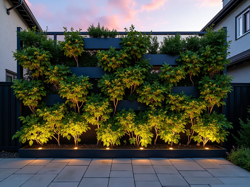 Modern Living Wall Metal Fence Integration - A stunning twilight photograph of a contemporary backyard featuring a sleek black metal fence framework transformed into a living wall. The 8-foot tall structure incorporates geometric stainless steel planters and wire mesh climbing supports, abundantly covered with cascading jasmine, climbing roses, and silver falls dichondra. Soft landscape lighting illuminates the verdant wall from below, casting intricate shadows on the natural stone patio below. The fence features integrated horizontal planting troughs at varying heights, creating a dynamic pattern of foliage against the architectural metal framework. A DSLR wide-angle shot captures the full height and length of the structure, with the warm glow of sunset adding depth and dimension to the layered greenery.