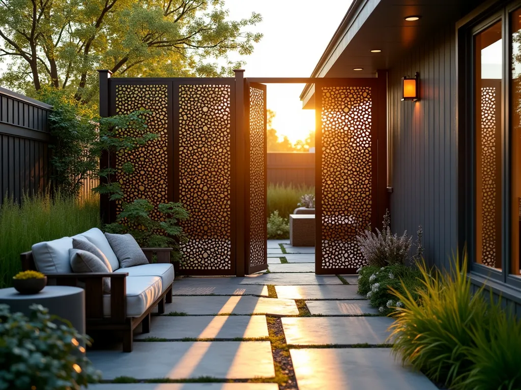 Modern Metal Garden Room Divider at Sunset - A stylish modern garden space at golden hour, featuring an architectural laser-cut metal panel room divider with an intricate geometric pattern. The 7-foot tall freestanding metal screen in dark bronze finish creates a subtle separation between a cozy seating area and a zen garden. Soft evening light filters through the decorative metalwork, casting artistic shadows on a natural stone patio. Ornamental grasses and Japanese maples frame the scene, while climbing jasmine begins to weave through the panel edges. The divider's contemporary design combines circular and angular patterns, maintaining visual flow while defining distinct garden rooms. Shot from a 45-degree angle to showcase both spaces it separates, with warm sunset lighting emphasizing the metal's texture and architectural details.