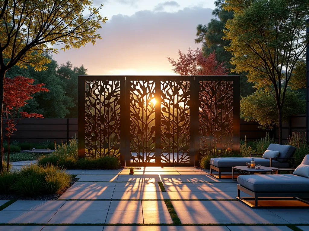 Modern Metal Privacy Screen with Geometric Patterns - A stunning twilight scene of a contemporary backyard featuring a 7-foot-tall brushed stainless steel privacy screen with intricate geometric laser-cut patterns casting dramatic shadows on a beautifully landscaped garden. The screen features an abstract forest design with overlapping leaves and branches, photographed at a 45-degree angle to showcase both the depth and dimension of the patterns. Warm LED landscape lighting illuminates the screen from below, creating a mesmerizing interplay of light and shadow. The foreground shows a modern stone patio with sleek outdoor furniture, while ornamental grasses and Japanese maples soften the metallic elements. Shot with a wide-angle lens capturing the entire composition, with the golden hour sun creating a magical ambiance through the cutouts. Photorealistic, highly detailed, architectural photography style.