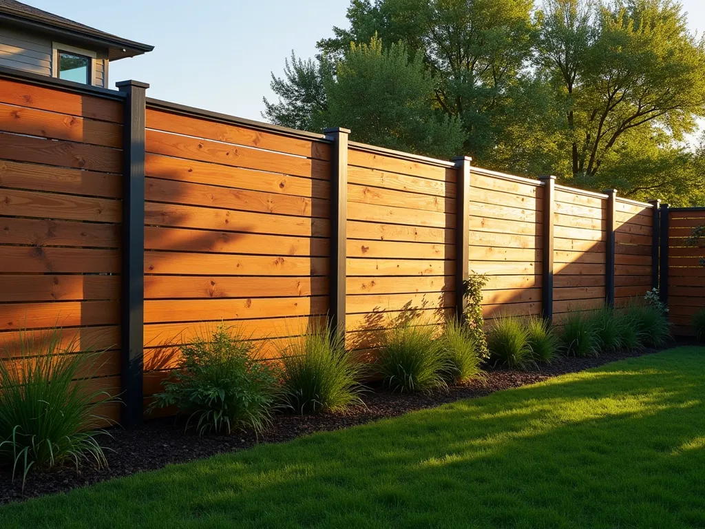 Modern Mixed Material Garden Fence - A stunning contemporary garden fence featuring horizontal cedar wood slats elegantly framed by matte black metal posts and frames, photographed during golden hour. The 6-foot tall fence creates a sophisticated backdrop for ornamental grasses and Japanese maples. Wide-angle shot capturing the fence's seamless integration with a modern landscaped backyard, including strategic LED lighting that highlights the fence's architectural elements. Natural shadows cast intricate patterns across the well-manicured lawn, while climbing jasmine begins to weave through select sections of the fence. Shot with shallow depth of field emphasizing the rich texture contrast between smooth metal and natural wood grain. Professional architectural photography, f/8, golden sunset lighting, ultra HD quality.