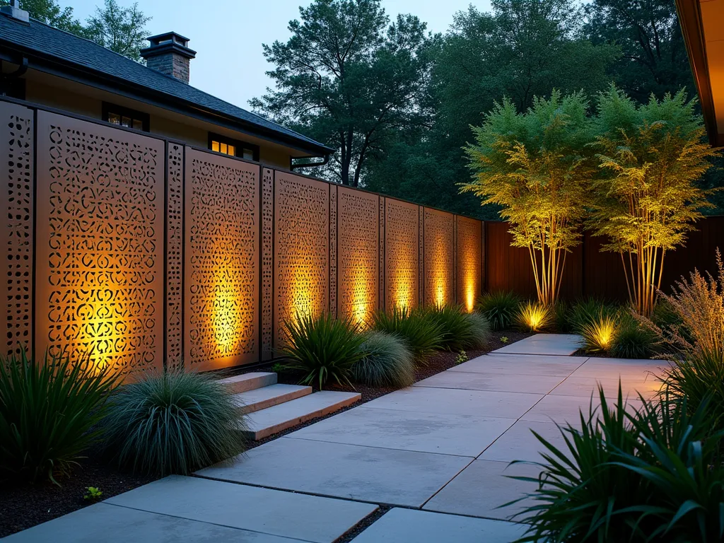 Modern Perforated Metal Garden Screen at Dusk - A stunning wide-angle shot of a contemporary garden space at dusk, featuring an elegant perforated metal screen fence with intricate geometric patterns. The 8-foot-tall brushed steel panels are backlit by warm landscape lighting, casting mesmerizing shadow patterns across a modern patio space. The screen's artistic circular perforations create a delicate interplay of light and shadow on light-colored limestone pavers. In the foreground, ornamental grasses and tall bamboo sway gently, their silhouettes dancing through the filtered light. The scene is captured with a subtle depth of field, emphasizing the screen's artistic patterns while showing the layered garden design beyond. Professional architectural lighting highlights the metal's brushed finish, while strategic uplighting on nearby Japanese maples creates a warm, inviting atmosphere.