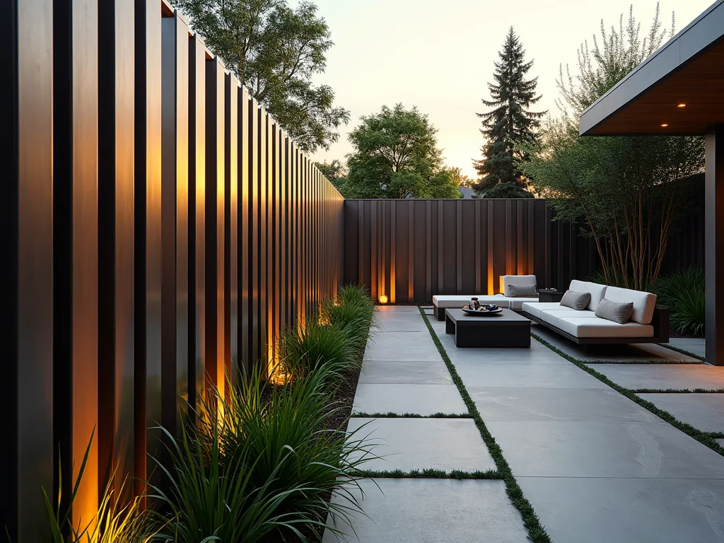 Modern Vertical Metal Slat Garden Fence - A stunning wide-angle DSLR photograph of a contemporary garden space featuring a sophisticated metal fence design with alternating width vertical slats in brushed steel finish. The fence creates a dramatic geometric pattern of light and shadow across a modern landscaped garden. Golden hour lighting casts warm tones on the metal surface, while architectural plants like Japanese Forest Grass and Black Bamboo provide organic contrast against the linear fence design. A sleek concrete patio features minimalist outdoor furniture, while LED lighting installed between select slats creates a subtle ambient glow. The composition shows the fence extending along the garden's perimeter, photographed at f/8 for optimal depth of field, capturing both the detailed texture of the metal and the overall spatial design. Professional architectural photography style with perfect exposure and sharp detail.