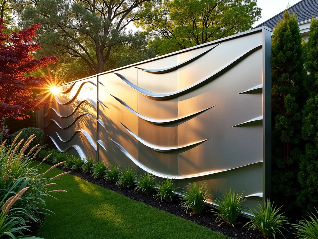 Modern Sculptural Metal Wave Garden Fence - A stunning modern garden scene at golden hour featuring an artistic metal fence with flowing, undulating wave patterns in brushed stainless steel. The 7-foot-tall panels create a dramatic sculptural element against a lush garden backdrop. Ornamental grasses sway in the foreground, casting dancing shadows on the metallic waves. Japanese maples provide rich burgundy accents while climbing jasmine delicately weaves through strategic openings in the fence. Shot from a wide angle perspective to capture the full sweeping movement of the fence design, with warm sunset light reflecting off the metallic surface. Professional architectural photography with dramatic lighting and shadow play, f/2.8, 16mm.