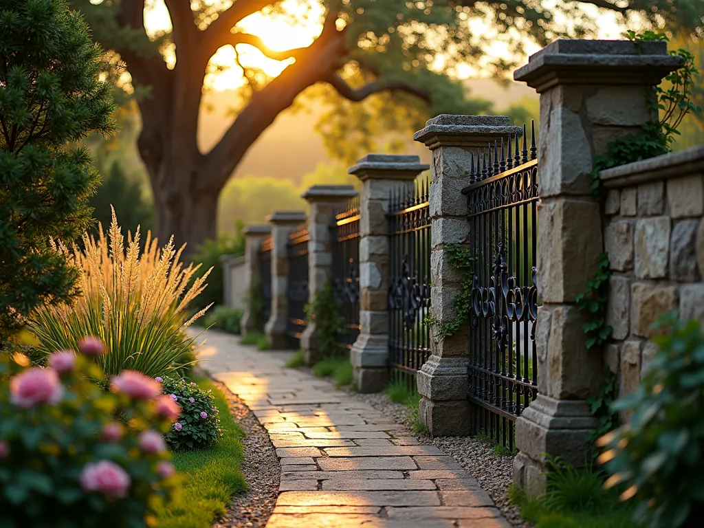 Rustic Metal and Stone Garden Fence - A stunning wide-angle dusk photograph of a rustic garden fence featuring weathered wrought iron panels elegantly integrated between robust stone pillars. The fence follows a gently curving path through a lush garden landscape. Golden evening light casts long shadows across the textured stone pillars, while climbing roses and English ivy softly drape over sections of the metal fence. The metalwork showcases a classic scroll design, complementing the natural-cut limestone pillars. Shot with shallow depth of field highlighting the intricate details of both stone and metal craftsmanship. The background features mature oak trees and ornamental grasses swaying in the gentle breeze, creating a timeless and enchanting garden scene.