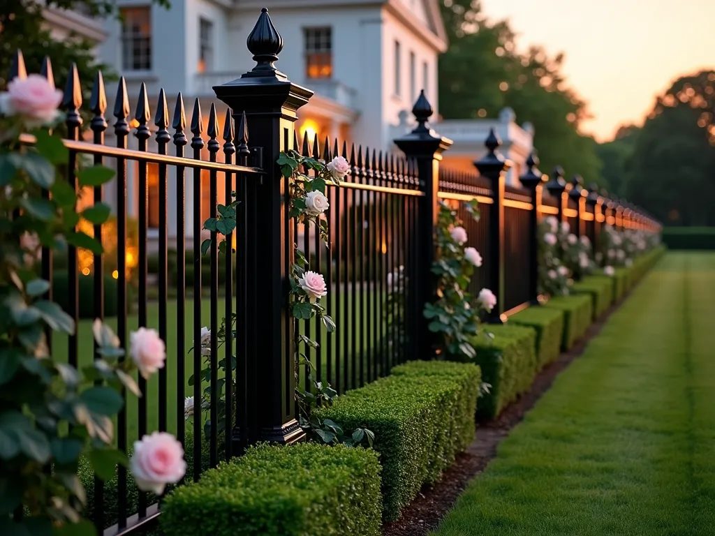 Classic Spear-Top Metal Garden Fence at Dusk - A DSLR wide-angle shot of an elegant black wrought iron fence with classic spear-top design stretching along a manicured garden at dusk. The 6-foot tall fence features ornate spear finials atop vertical rails, with decorative scrollwork between posts. Blooming English roses and climbing ivy softly embrace the fence posts, while carefully trimmed boxwood hedges line the base. Golden hour lighting casts long shadows across the immaculately maintained lawn, highlighting the fence's stately silhouette against a warmly lit Georgian-style home in the background. Professional architectural photography with perfect exposure capturing the intricate metalwork details and the harmonious blend of traditional design with landscape elements.